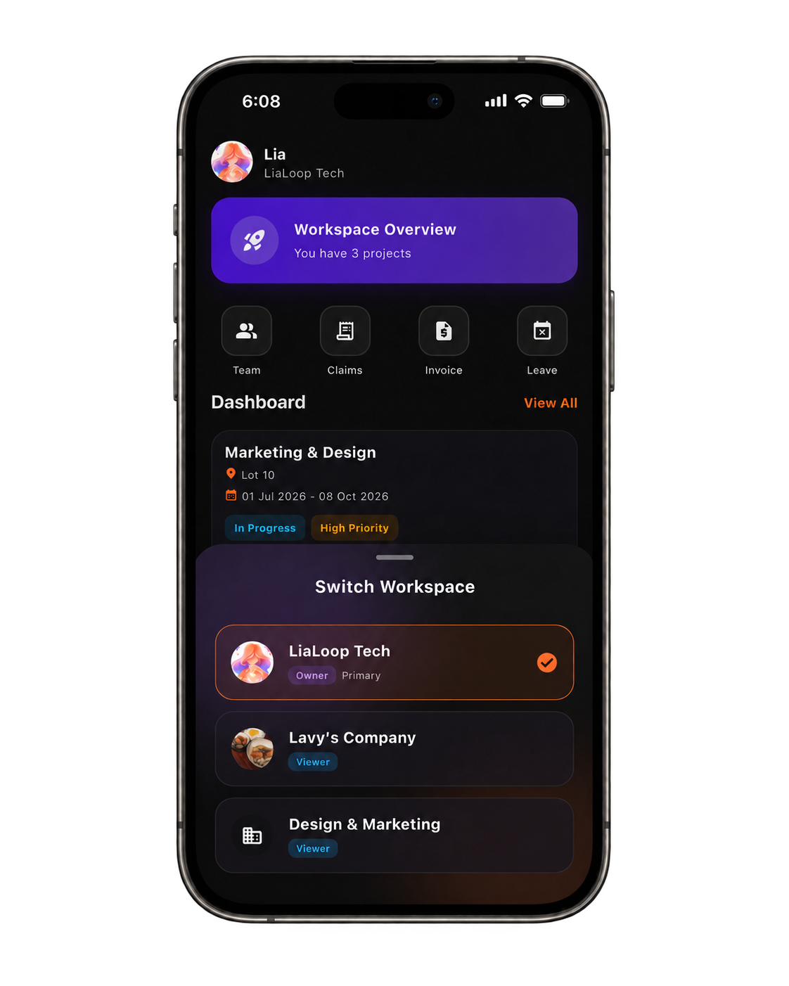 LiaLoop client collaboration portal dark mode